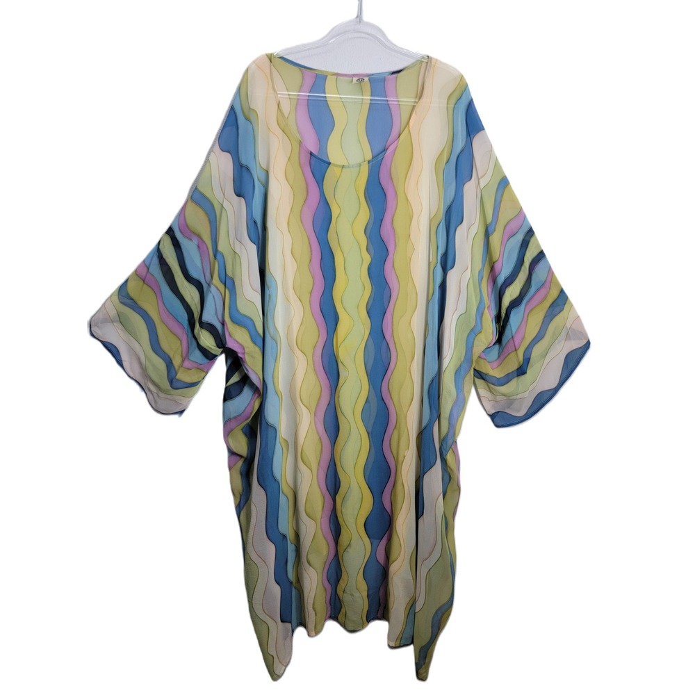 Cocoon House 100% Silk Dress Blue Green Wavy Stripe Sheer One Size Lagenlook